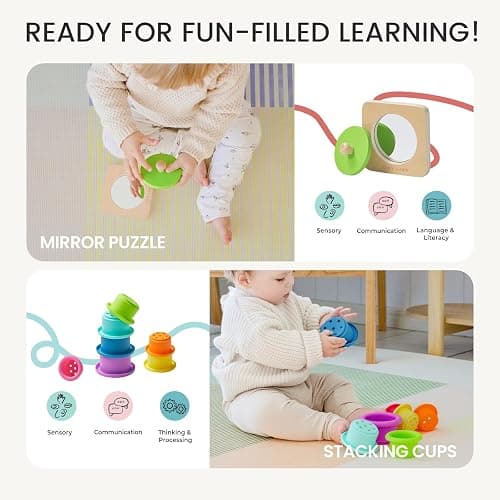Tiny Land Montessori Toy Set for Babies 7-9 Months Senser Play Kit - 5-in-1 Wooden Learning Toys with Object Permanence Box, Sensory Ball, Stacking Cups and Mirror Puzzle,Body Board Book thumbnail 4