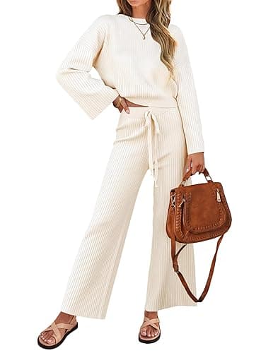 ZESICA Women's 2 Piece Outfits Set 2025 Casual Long Sleeve Knit Pullover Top and Wide Leg Pants Sweatsuit Lounge Sets - Small - Cream