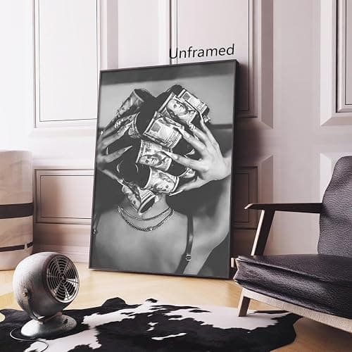 Woman with Money on Head Poster, Luxury Fashion Black and White Canvas Wall Art, Monochrome Style Girly Dorm Aesthetic Poster, Groovy Feminine Photography Print for Bedroom 12x16in Unframed thumbnail 3