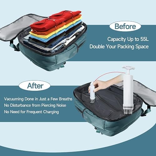 Vacuum Backpack Travel 55L, Carry On Compliant Backpack Water-Resistant, Fits 17-Inch Laptop & 6-8 Days Travel Gear, Expandable Compression System, Vacuum Pump Included, Birthday Christmas Gifts Teal thumbnail 3