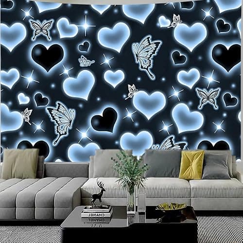 MEETSIOY Cute Black Blue Heart Tapestry Fantasy Blue Butterfly Aesthetic Tapestry Hippie 2000s Y2K Teen Girls Tapestries Wall Hanging for Women Nursery Bedroom Living Room Bedroom College Dorm thumbnail 2