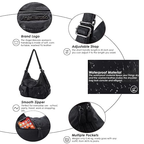 Angel Barcelo Women Multifunctional Soft Leather Handbag Purses Shoulder Hobo Backpack Crossbody Zipper Bag with Pocket thumbnail 2