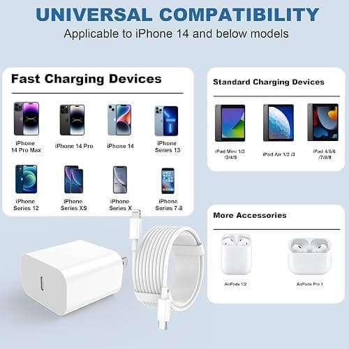 iPhone Charger Apple Charger,[Apple MFi Certified]2 Pack Apple Type C Wall Charger Block with 2 Pack [6FT&10FT] Long USB C to Lightning Cable for iPhone 14/13/12/12 Pro Max/11/Xs Max/XR/X,AirPods Pro thumbnail 2
