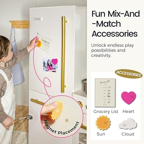 Tiny Land Wooden Toy Fridge with Spacious Storage, Realistic Play Kitchen Refrigerator for Kids’ Pretend Play with Three Freezer Magnets thumbnail 5