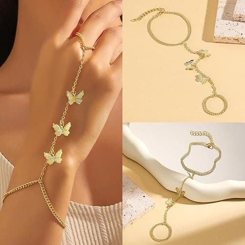 YixNahz 6 Pieces Gold Finger Ring Bracelet for Women Trendy 14k Gold Plated Womens Adjustable Cute Rings Hand Chain Link Bracelets Set for Women Jewelry Gifts Daily Accessories on Summer Beach thumbnail 7