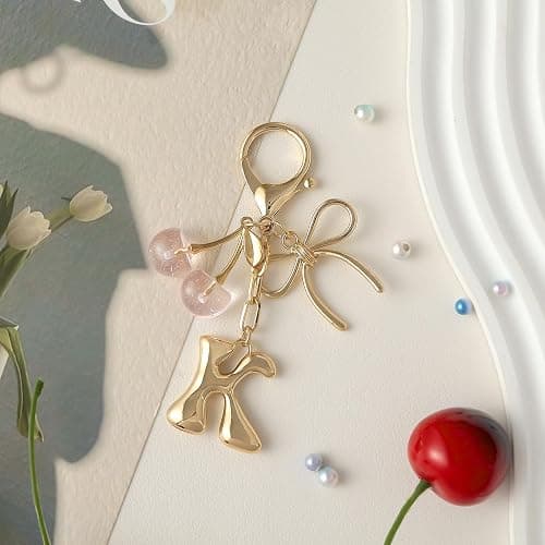 Snycler Bubble Initial Keychain with Bow & Cherry - Gold Letter Bag Charms for Women, Cute Purse Handbag Accessories thumbnail 6
