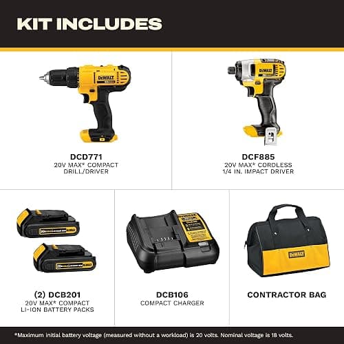DEWALT 20V MAX Cordless Drill and Impact Driver, Power Tool Combo Kit , Includes 2 Batteries, Charger and Bag (DCK240C2) thumbnail 2