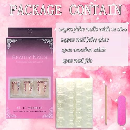 FIEONCIY Press on Nails Duck Shaped Glossy Full Cover Acrylic French False Nails with Designs Artificial Medium Duck Fake Nails with Charms Glue ons Fingernails for Women Girls(YZ05) thumbnail 4
