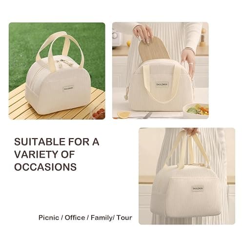 Baglemon Lunch Bag for Women Men Cute Corduroy Lunch Tote Bags Reusable Insulated Lunch Box Large Capacity Reusable Insulated Cooler for Work/Picnic/Travel (Corduroy Beige) - Corduroy Beige thumbnail 5