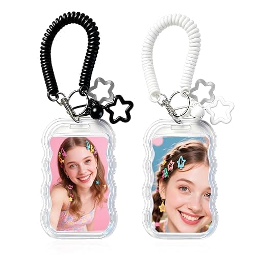 Qoncosy 2 Pack Cute Photocard Holder Keychain Kpop Photo Card Holder, Transparent PC Holder with Star Wave Design for Bus Student Card, Creative Photo Protector Keychain (Black and White) thumbnail 6