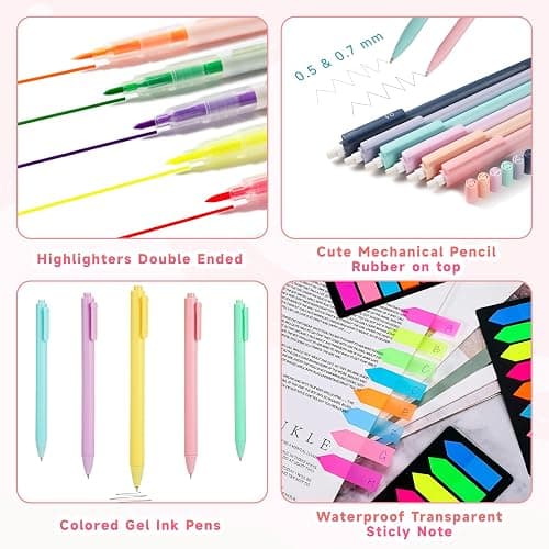 MeCids Aesthetic School Supplies with Large Capacity Pencil Case Set - 6 Highlighters, 5 Ink Gel Pens, 6 Pastel Mechanical Pencils and Lead Refills Eraser Sticky Note Paper Clip Clamp (27pcs) thumbnail 3