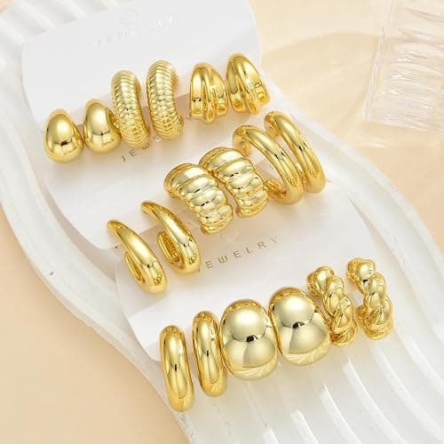 42 Pairs Gold Hoop Earrings Set for Women, Fashion Chunky Pearl Earrings Multipack Twisted Statement Earring Pack, Hypoallergenic Small Big Hoops Earrings for Birthday Party thumbnail 2