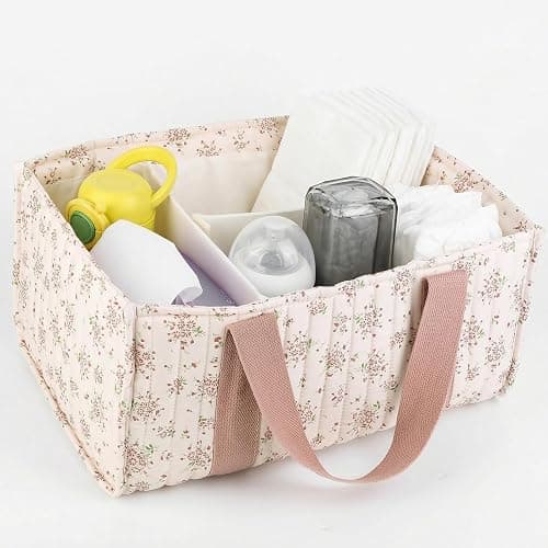 Floral Diaper Caddy Organizer with Handle Stylish Nursery Storage Basket with Removable Partition Babies Shower Gifts Basket for Boy and Girl (Daisy Pink) thumbnail 9