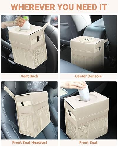 Capolo Car Trash Can with Lid, Leakproof Car Garbage Can Car Trash Bag | Waterproof, Trash Can for Car, 3 Mesh Pockets, Mini Hanging Vehicle Car Trash Bin, for Back/Front Seat (Beige,2.5 Gal) thumbnail 6