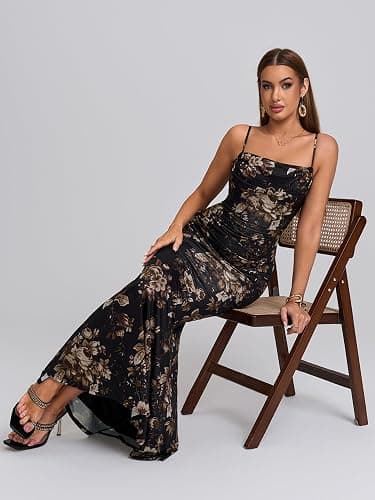 EYNMIN Women's Sleeveless Bodycon Corset Maxi Dress Spaghetti Strap Ruched Elegant Evening Wedding Guest Long Formal Dresses - Small - Black Floral thumbnail 5