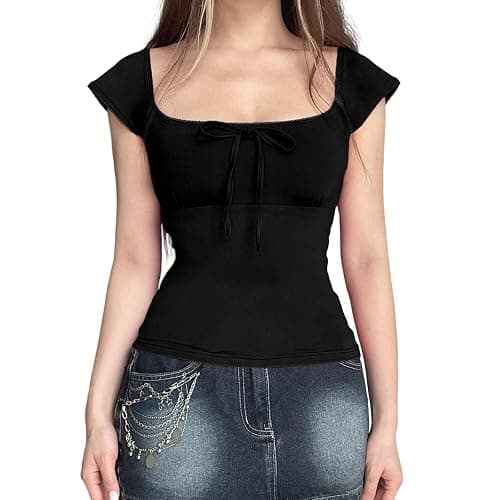 Women Y2K Fairy Grunge Top Cap Sleeve Square Neck Lace Brim Bow Tie Front Babydoll Tops Baby Tees - Image 1