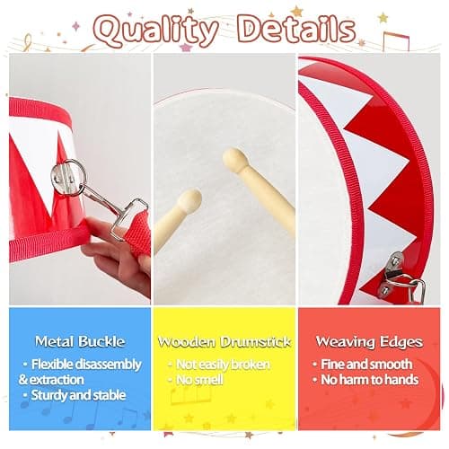 Kids Drum Set,8 in Wooden Toy Drum Set,Educational Baby Musical Toys Drum with Adjustable Strap 2 Drumsticks,Sensory Musical Instrument Drum Toy for Toddler Boys & Girls Gift(Red) thumbnail 4
