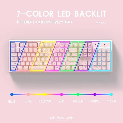 Basaltech Pink Keyboard with 7-Colors LED Backlit,104 Keys Silent Creamy Keyboards,Double Shot Keycaps Light Up Keyboard Wired USB for Computer,Mac,Laptop thumbnail 3
