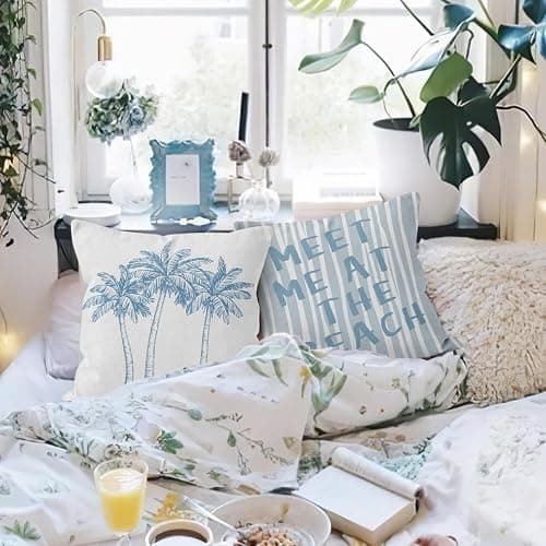 HIWX Tropical Coastal Beach Pillow Covers 18x18 Double-Sided, Coastal Beachy Room Decor Aesthetic, Palm Tree Meet Me at The Beach Decorative Pillow Covers for Couch Bed Home Bedroom Decor thumbnail 5