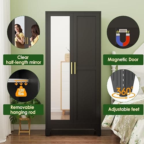 winiowa Metal Armoire Wardrobe Closet with 2 Mirror Doors, 71" Wardrobe Cabinet with Adjustable Shelves and Hanging Rod, Clothing Storage Cabinet Closet with Mirror for Bedroom-Black thumbnail 3