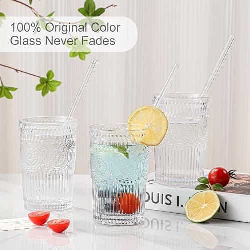 ZMOWIPDL Vintage Glassware Drinking Glasses Set of 6,13 oz Clear Textured Flower Design Glass Water Tumblers，Embossed Striped Drinkware for Water,Cocktails,Juice,Iced Coffee thumbnail 2