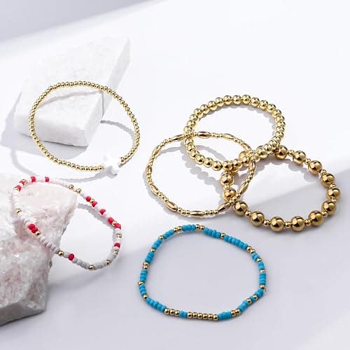 Gold Beaded Bracelets for Women: 14K Gold Bracelets for Women Trendy Dainty Gold Ball Bracelet Stack for Womens - Boho Stretch Bracelets Jewelry Sets with Cross Fashion Accessories Gifts for Women thumbnail 6