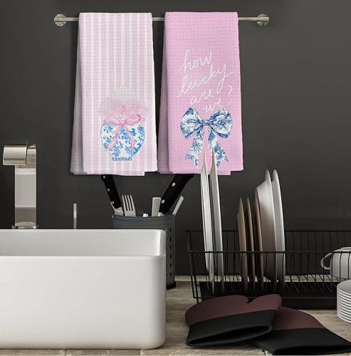 Nipil Chinoiserie Coquette Bow Floral Pink Kitchen Towels Decorative Set of 2, Trendy Preppy Blue and White Bow Floral Pink Kitchen Towels for Bathroom, Preppy Coquette Bathroom Decor, 16x24 Inch thumbnail 4