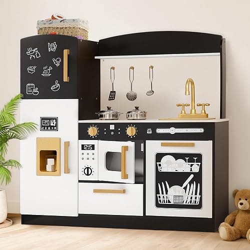 Kinder King Wooden Kids Play Kitchen, Toy Kitchen Playset for Toddler, Play Kitchen Set w/Blackboard, Transparent Coloring Board, Pretend Dishwasher, Oven, Ice Maker, Gift for Boys Girls Age 3+, Black - Image 1