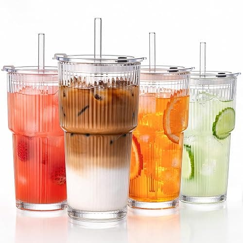 GOSCHE 20oz Glass Tumblers with Straws and Lids, Ribbed Iced Coffee Cups Leak-proof, Dishwasher Safe, Thickened Glass Cups with Lids Ideal for Coffee and Travel, Clear, 4 Pack - Image 1
