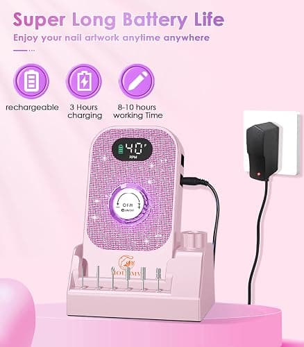 Portable Nail Drill Electric File: Professional Nail E File Machine 40000RPM Rechargeable Cordless Pink Diamond Nail Drill with Bits & Base for for Acrylic Nails Remove Gel Polish Manicure, Salon Home thumbnail 2