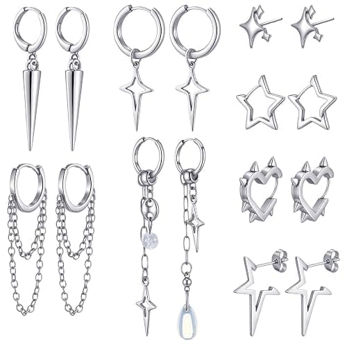 Quelay 8 Pairs Dangle Hoop Earrings for Men Women Punk Y2k Goth Gothic Tassel Chain Drop Star Moon Stud Earrings Gift - Image 1