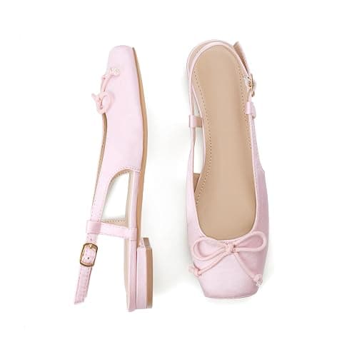 Lhamo Latso Women's Ballet Flats Slingbacks Square Toe Bow Knit Dressy Flat Shoes with Ankle Buckles Satin thumbnail 3