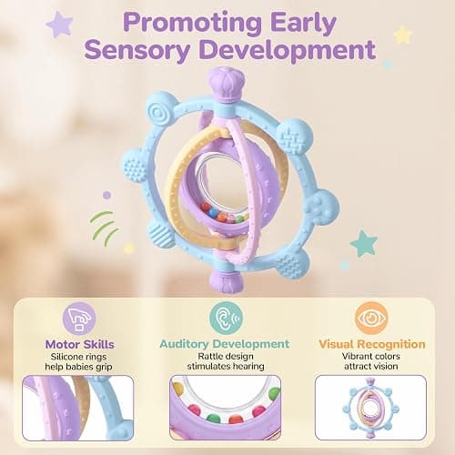 Baby Ring Teething Toys with Rattle for 3 Months+, BPA-Free, Blue | Easy to Grip Silicone Sensory Teether Toys, with 360° Textured Bumps for Gum Massage, Boys Girls Gift thumbnail 5