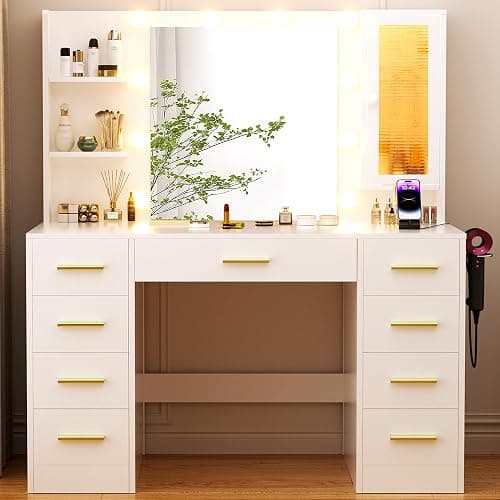 ERLEJIA Vanity Desk with Mirror and Lights, Large 43" White Makeup Vanity Desk with 9 Drawers and Power Outlet, 3 Open Shelves and 1 RGB Lighting Cabinet, White and Gold thumbnail 9