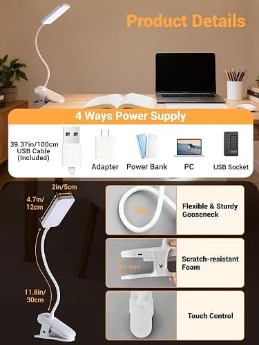 Clip on Lamp, 9 Brightness+5 Colors Reading Lights for Books in Bed Lamp | 4000mAh Battery Clip on Light,450 Lumen Rechargeable Desk Lamp for Dorm Lamp,Book Light for Reading in Bed Headboard/Bedside thumbnail 8