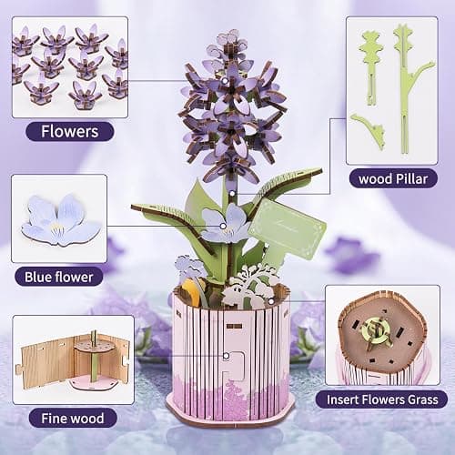 Insgen 3D Wooden Flower Puzzle for Adults, 3 Flowers Bouquet Building Sets, Wooden Flower Kit DIY Botanical Art Craft Model Kit Home Décor for Lovers Nature Enthusiasts thumbnail 4