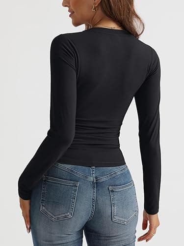 Trendy Queen Long Sleeve Shirts for Women 2025 Fall Fashion V Neck Basics Crop Tops Slim Fitted Y2K Tops Outfits Clothes thumbnail 4