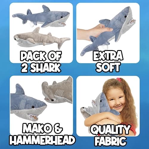 Bedwina Stuffed Animal Sharks - Pack of 2 Large, 14 inch Mako & 13 inch Hammerhead Plush Shark Toys, Stuff Animals Toy, for Baby Toddlers & Kids thumbnail 2