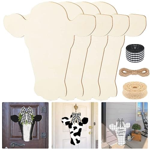 Weysat Cow Head Wood Cutout Door Hanger Unfinished Wood Cow Head Pieces Country Farm Blank Slice with Ribbon and Twine for DIY Crafts Door Hanger 12 Inch(4 Pieces) - Image 1