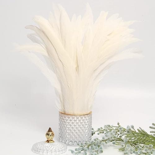 THARAHT 50PCS Rooster Coque Tail Feathers Bulk Natural 12-14Inch 30-35cm for Crafting Wedding Fly Tying Feather Party Performances DIY Decoration Rooster Tail Feather,White thumbnail 6