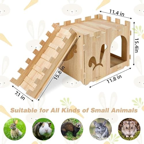 YUEPET Large Wooden Rabbit Castle with Ramp, Rabbit Pig Hideout Detachable Bunny House Indoor Small Animal Houses & Habitats for Adult Bunny Guinea Pig Chinchilla Hide Rest Play thumbnail 3