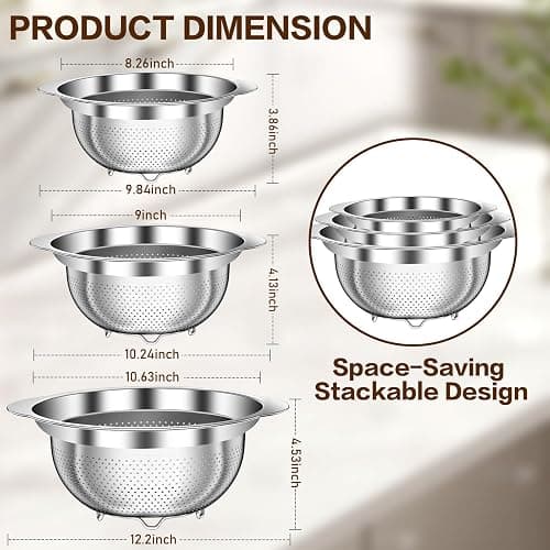 Stainless Steel Colander for Kitchen, Stainless Steel Strainer, Pasta Strainer for Spaghetti Fruit Vegetable Cooking Food, 3 Pcs Strainers and Colanders(2QT, 3QT, 5QT), Dishwasher Safe, Kitchen Gift thumbnail 2