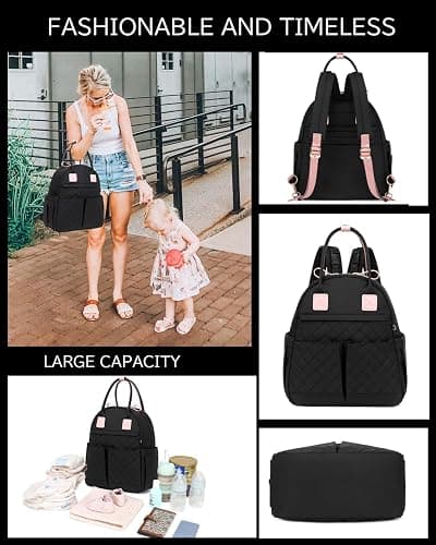 LORADI 18 Pockets Large Diaper Bag Backpack with Waterproof Pockets and Stroller Buckle, Convertible Baby Bag (Black-pink, Medium) thumbnail 3