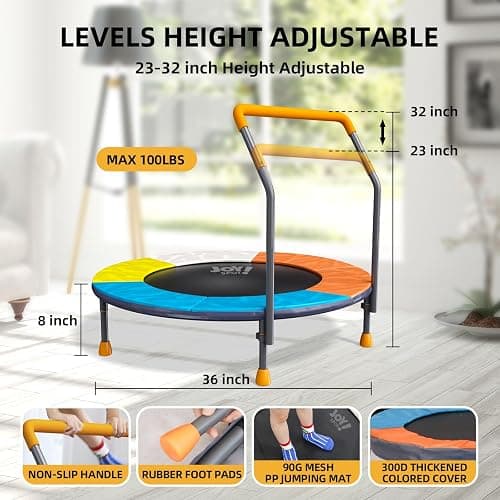 3FT Foldable Trampoline for Kids - 36” Mini Small Trampoline with Handle Bar, Height-Adjustable, Max Load 100LBS, Ideal for Toddler Baby Jumping Mats & Outdoor Workout Adventures - 36" Toddler Trampoline thumbnail 2
