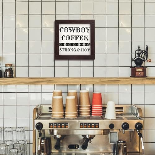 Nichake Framed Western Kitchen Decor, Cowboy Coffee Strong & Hot Wooden Sign, Farmhouse Coffee Bar Decor for Tiered Tray thumbnail 5