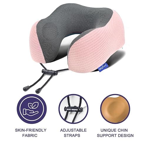 napfun Neck Pillow for Traveling, Upgraded Travel Neck Pillow for Airplane 100% Pure Memory Foam Travel Pillow for Flight Headrest Sleep, Portable Plane Accessories, Pink thumbnail 4