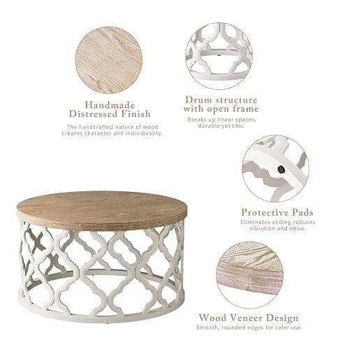 Farmhouse Coffee Table, French Country Round Coffee Table, Coastal Coffee Table with Distressed Top, Boho Center Table with Curved Motif Frame Base for Living Room, Dining Room, Bedroom, Cream Beige thumbnail 6