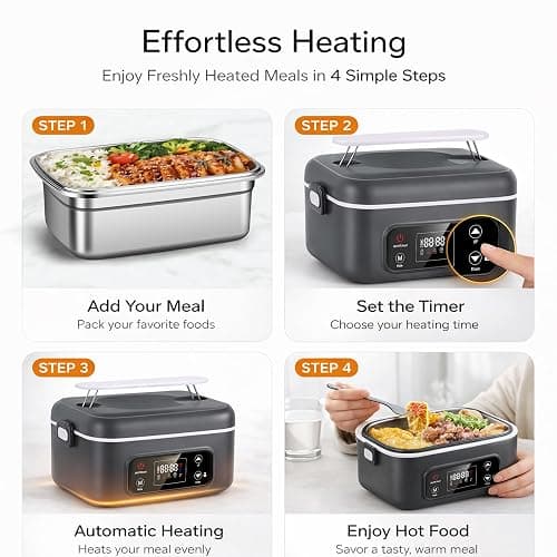 FALLCON F Heated Lunch Box, 1.2L (5.5 Cups) Cordless Electric Lunch Box with 24000mAh Battery, Portable Food Warmer for Work and Car, 5-Side Heating, Leakproof, Smart Timer & Display thumbnail 5
