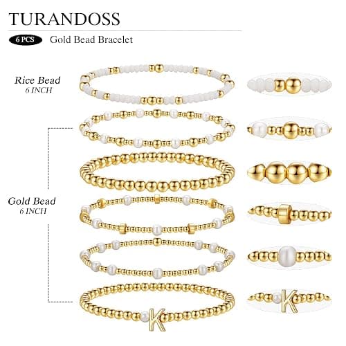 Turandoss 6PCS Beaded Initial Bracelets for Women Girls Jewelry Gifts - 18K-Gold-Plated Beaded Initial Letter Bracelet for Girls Women Initial A-Z Stretch Bead Stackable Bracelet Jewelry Set Gifts thumbnail 6