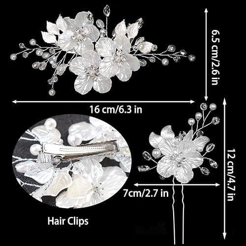 3 PCS Large Flower Bridal Wedding Hair Pins Crystal Pearl Hair Clips Headpiece Bride Hair Accessories Jewelry with Rhinestone, Glitter Emboss White Flower thumbnail 2